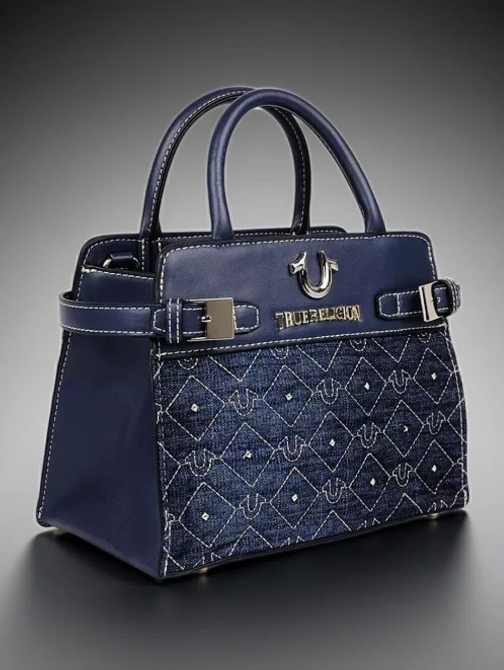 True Religion Dark Blue Quilted Denim Top-Handle Satchel